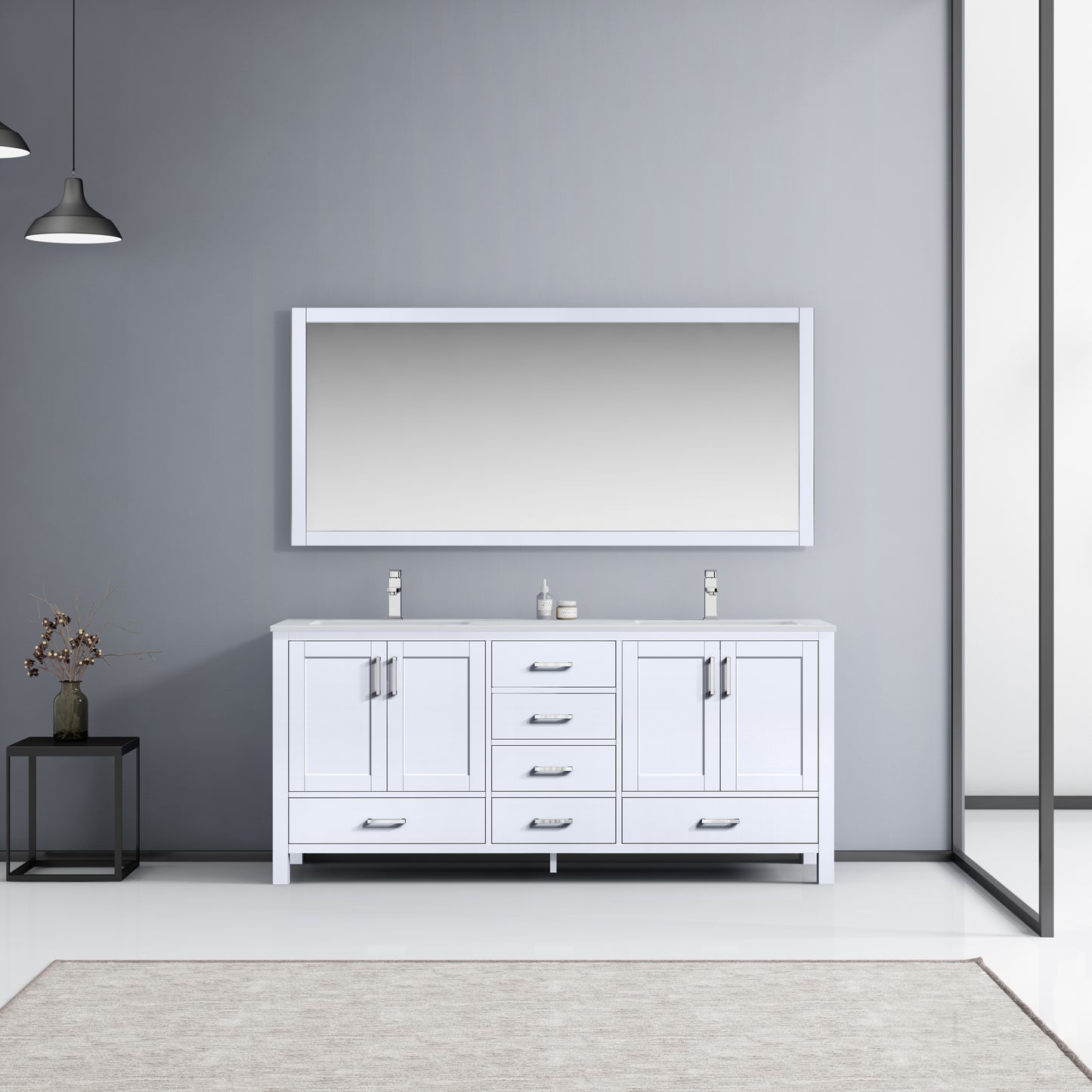 Jacques 72" White Double Vanity, White Carrara Marble Top, White Square Sinks and 70" Mirror w/ Faucets