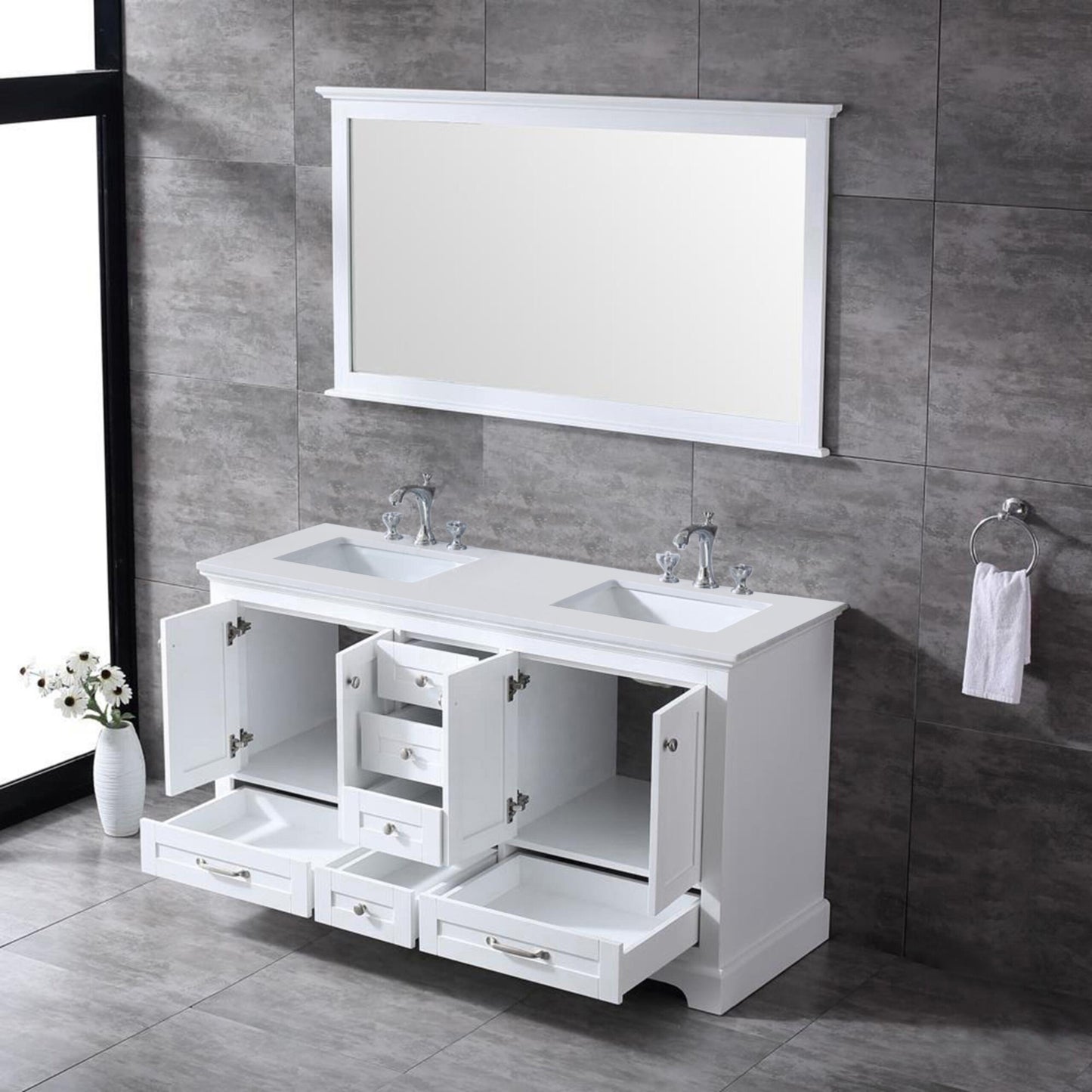 Dukes 60" White Double Vanity, White Quartz Top, White Square Sinks and 58" Mirror w/ Faucets