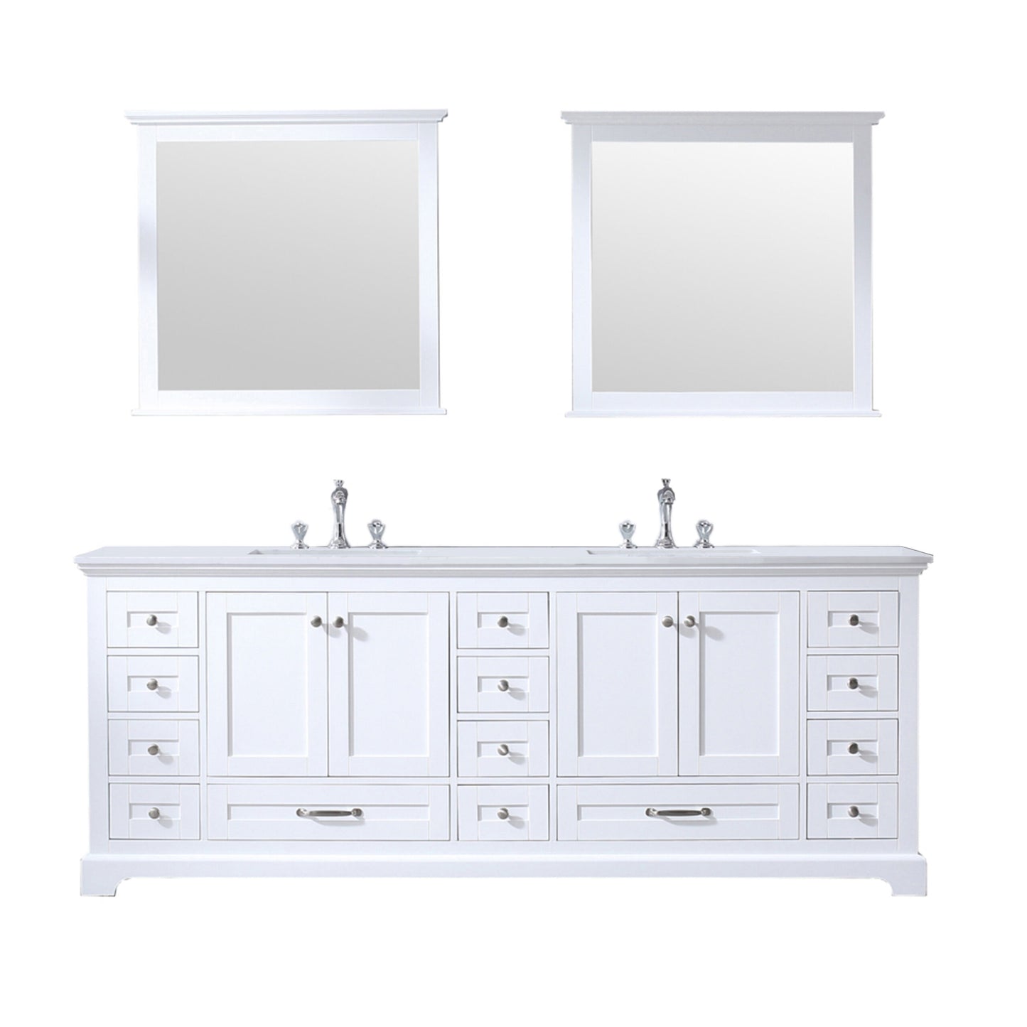 Dukes 84" White Double Vanity, White Quartz Top, White Square Sinks and 34" Mirrors