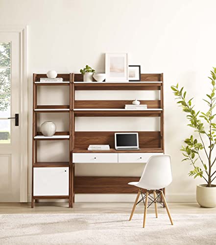 Modway 2-Piece Home Office Desk and Bookshelf Display Case in Walnut White