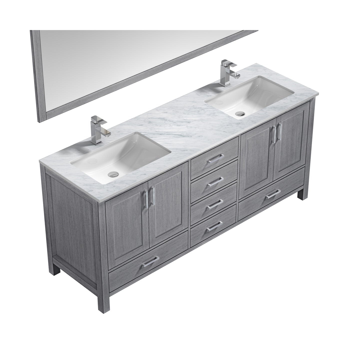 Jacques 72" Distressed Grey Double Vanity, White Carrara Marble Top, White Square Sinks and 70" Mirror w/ Faucets