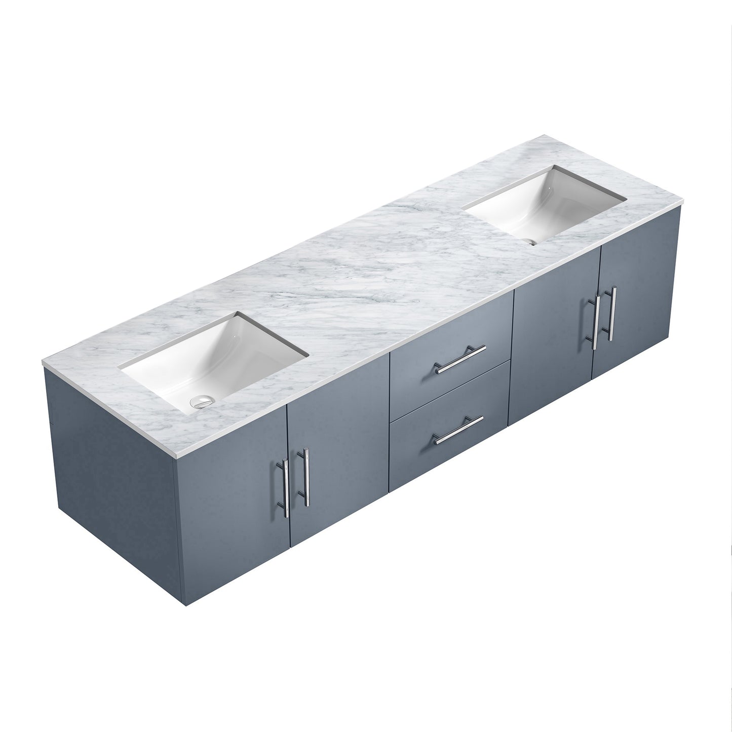 Geneva 72" Dark Grey Double Vanity, White Carrara Marble Top, White Square Sinks and no Mirror