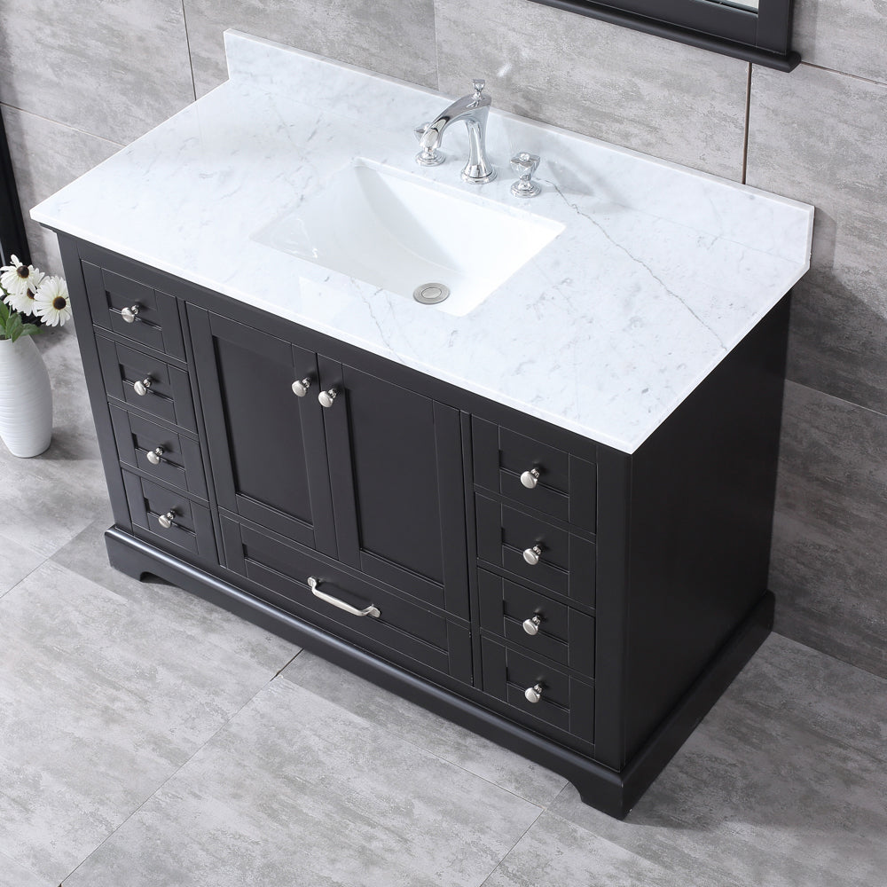 Dukes 48" Espresso Single Vanity, White Carrara Marble Top, White Square Sink and 46" Mirror w/ Faucet