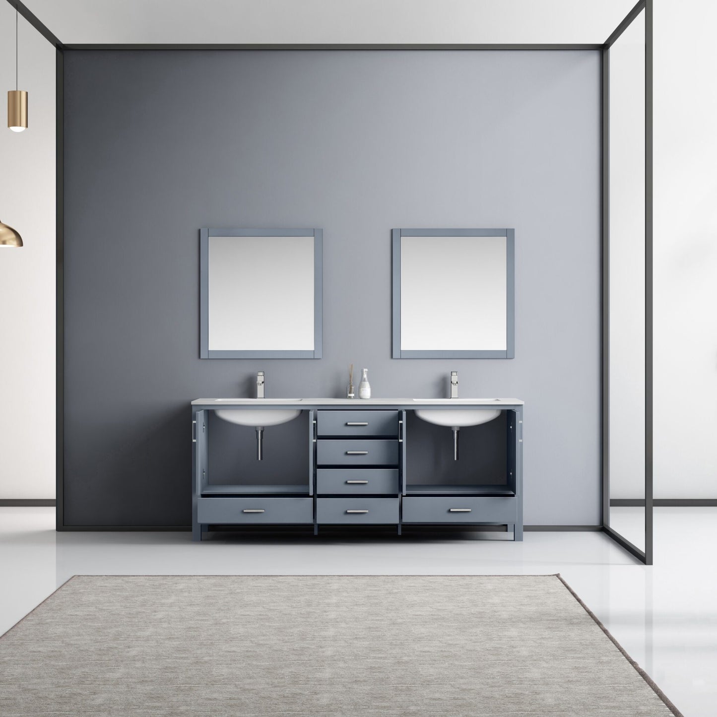 Jacques 80" Dark Grey Double Vanity, White Quartz Top, White Square Sinks and 30" Mirrors w/ Faucets