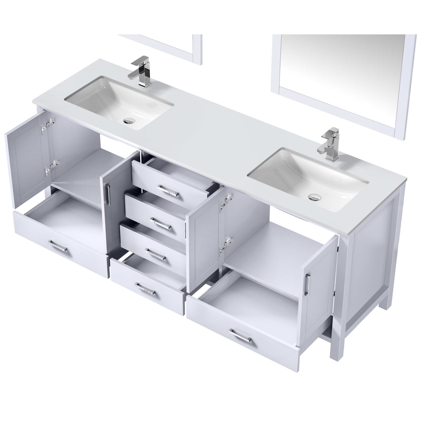 Jacques 80" White Double Vanity, White Quartz Top, White Square Sinks and 30" Mirrors