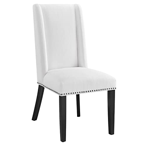 Modway Baron Upholstered Fabric Tall Back Dining Parsons Chair with Nailhead Trim in White