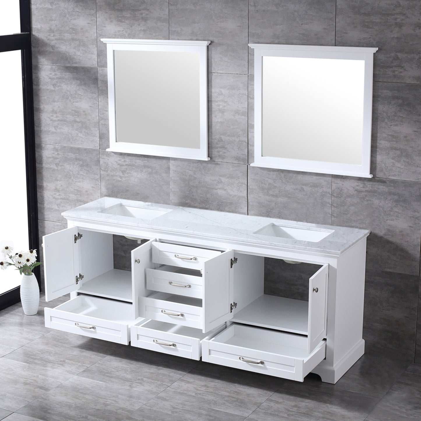 Dukes 80" White Double Vanity, White Carrara Marble Top, White Square Sinks and 30" Mirrors