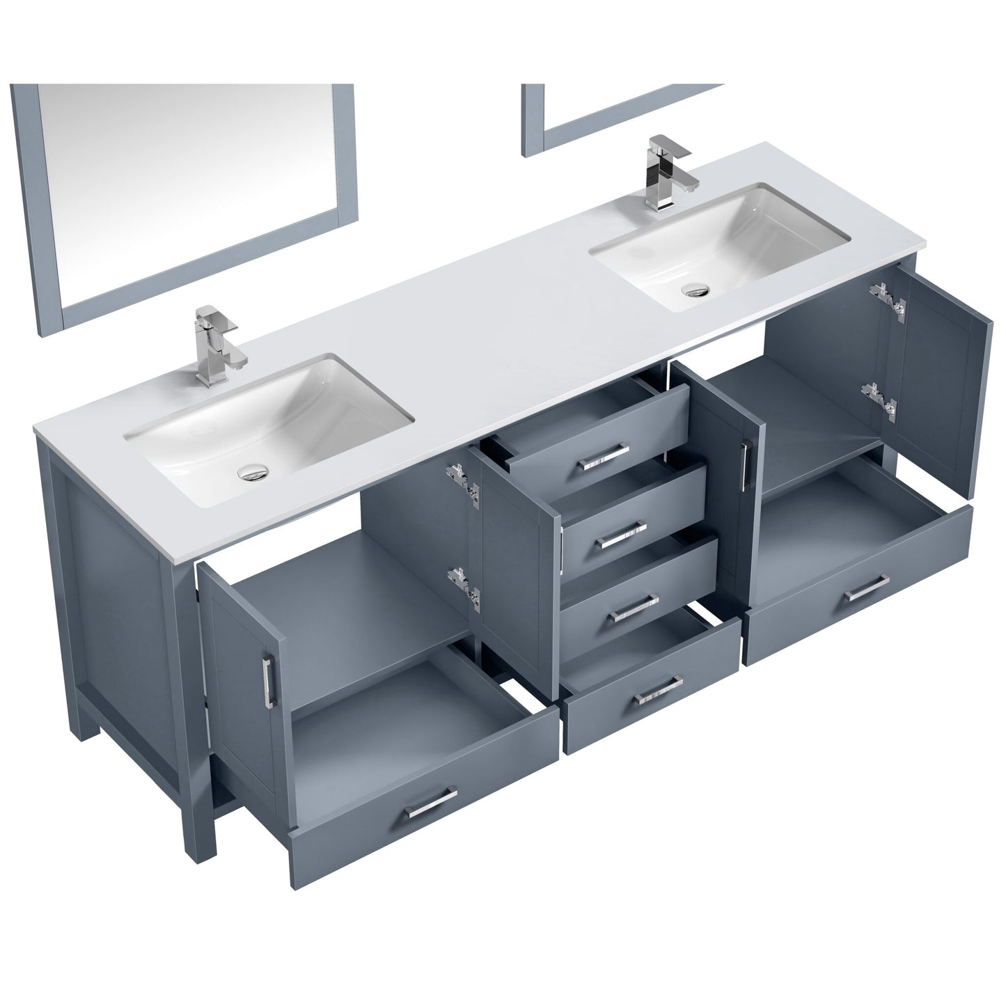 Jacques 80" Dark Grey Double Vanity, White Quartz Top, White Square Sinks and 30" Mirrors w/ Faucets