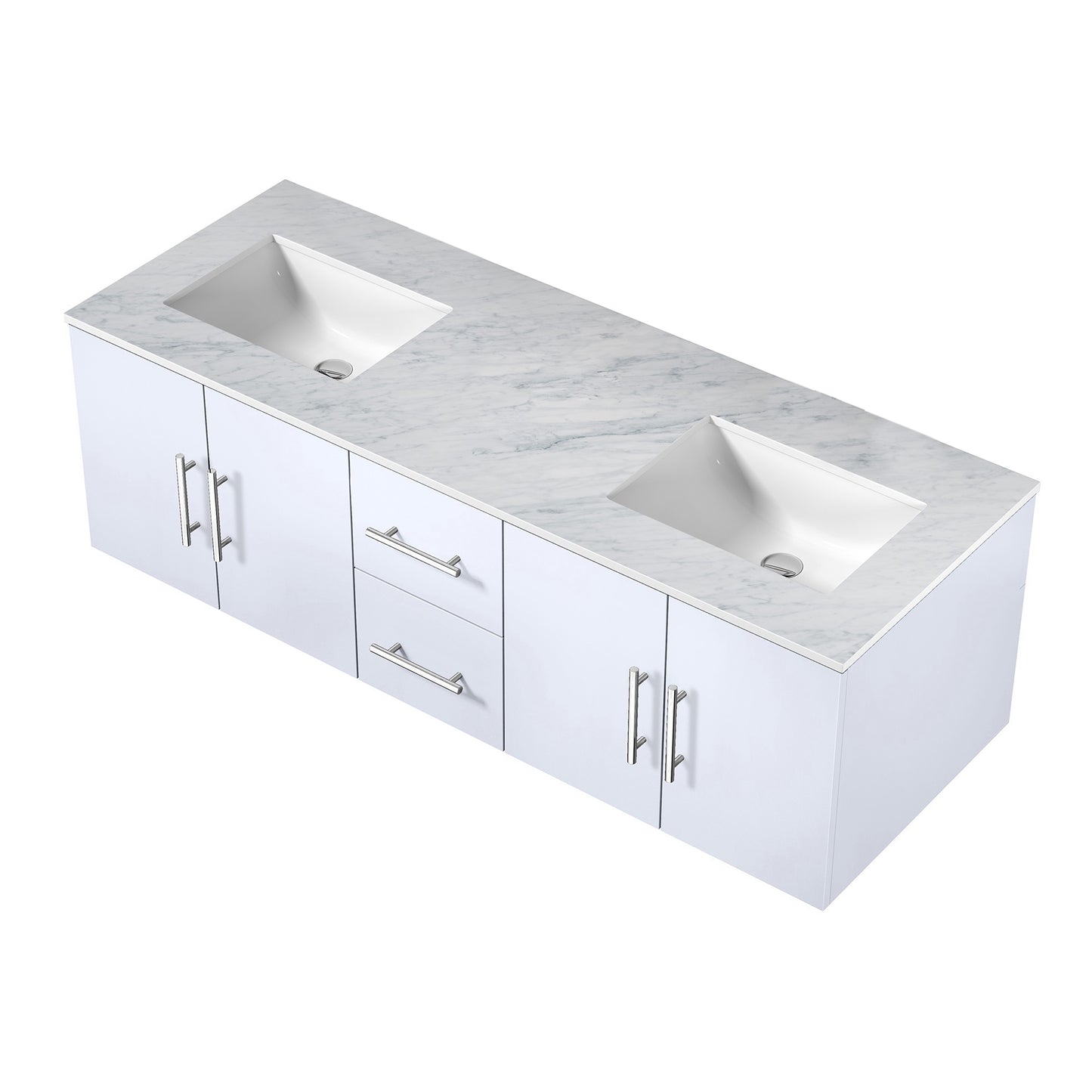 Geneva 60" Glossy White Double Vanity, White Carrara Marble Top, White Square Sinks and no Mirror