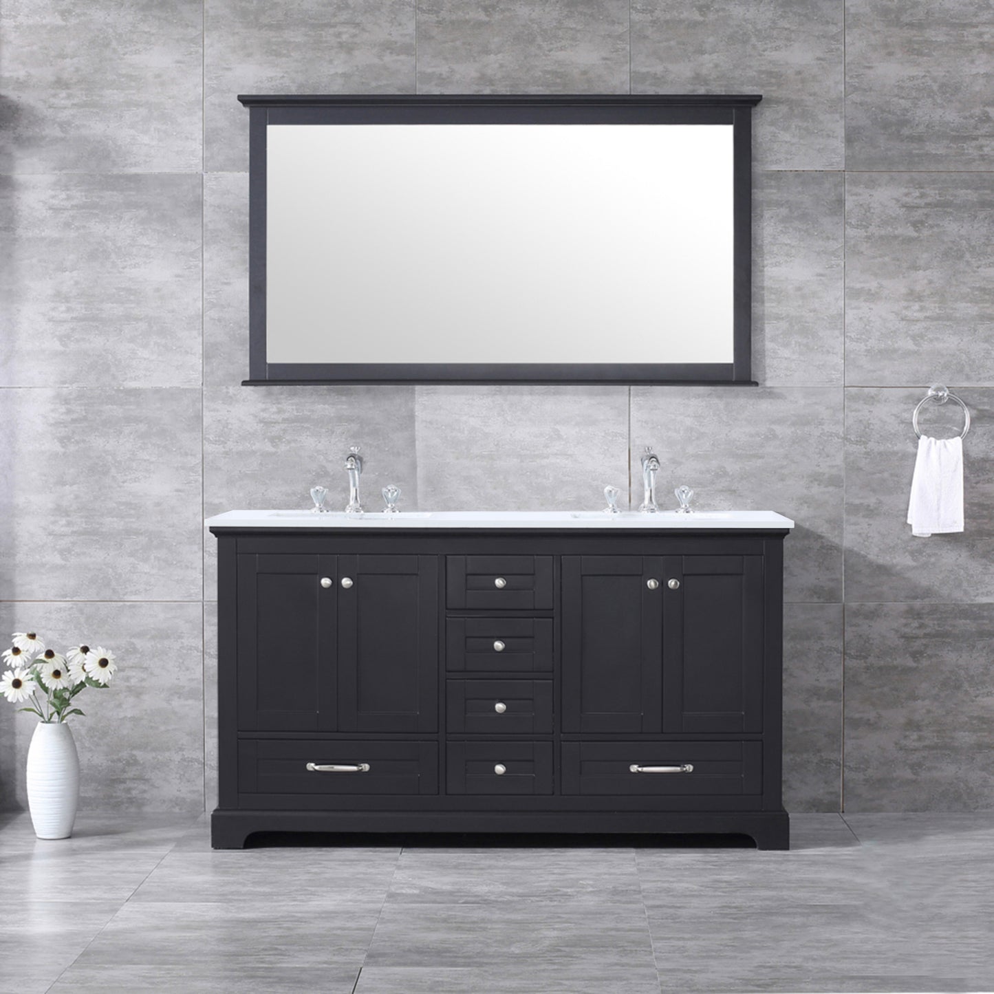 Dukes 60" Espresso Double Vanity, White Quartz Top, White Square Sinks and 58" Mirror