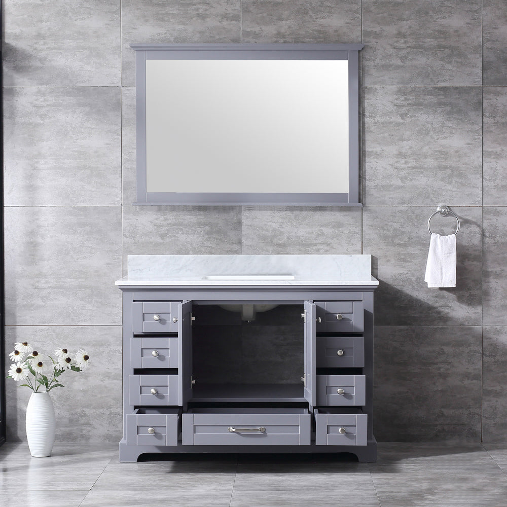 Dukes 48" Dark Grey Single Vanity, White Carrara Marble Top, White Square Sink and 46" Mirror