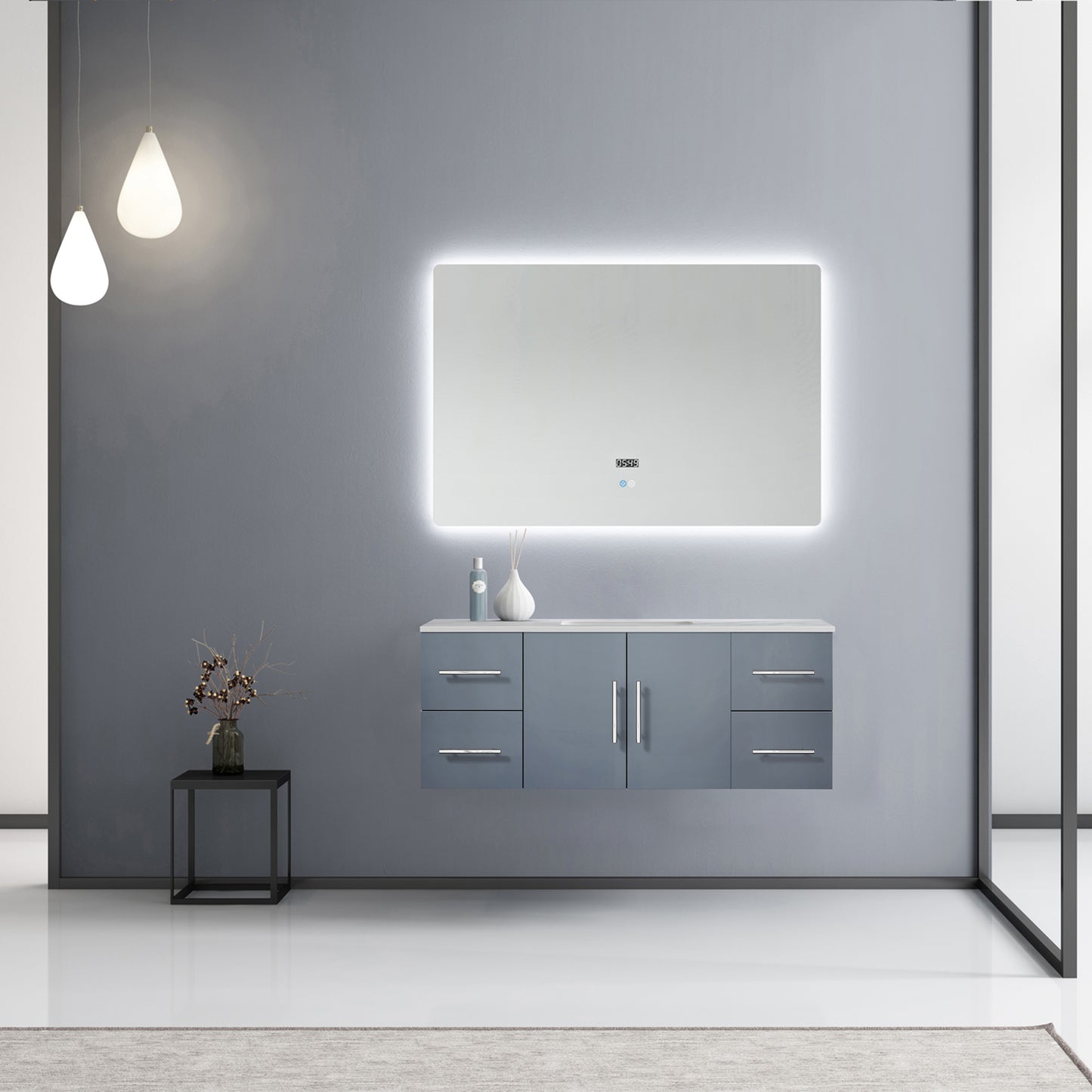 Geneva 48" Dark Grey Single Vanity, White Carrara Marble Top, White Square Sink and 48" LED Mirror