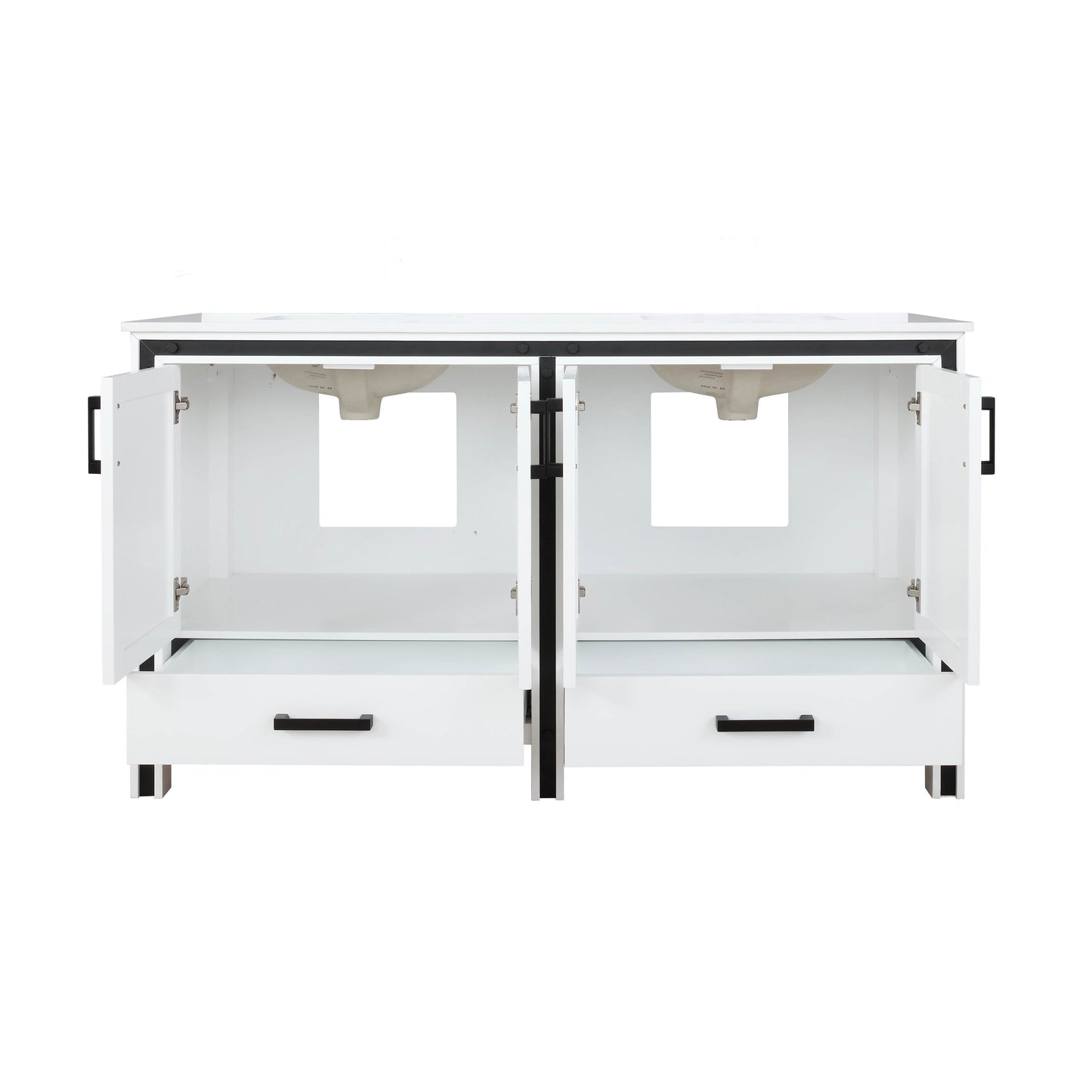 Ziva 60" White Double Vanity, Cultured Marble Top, White Square Sink and no Mirror