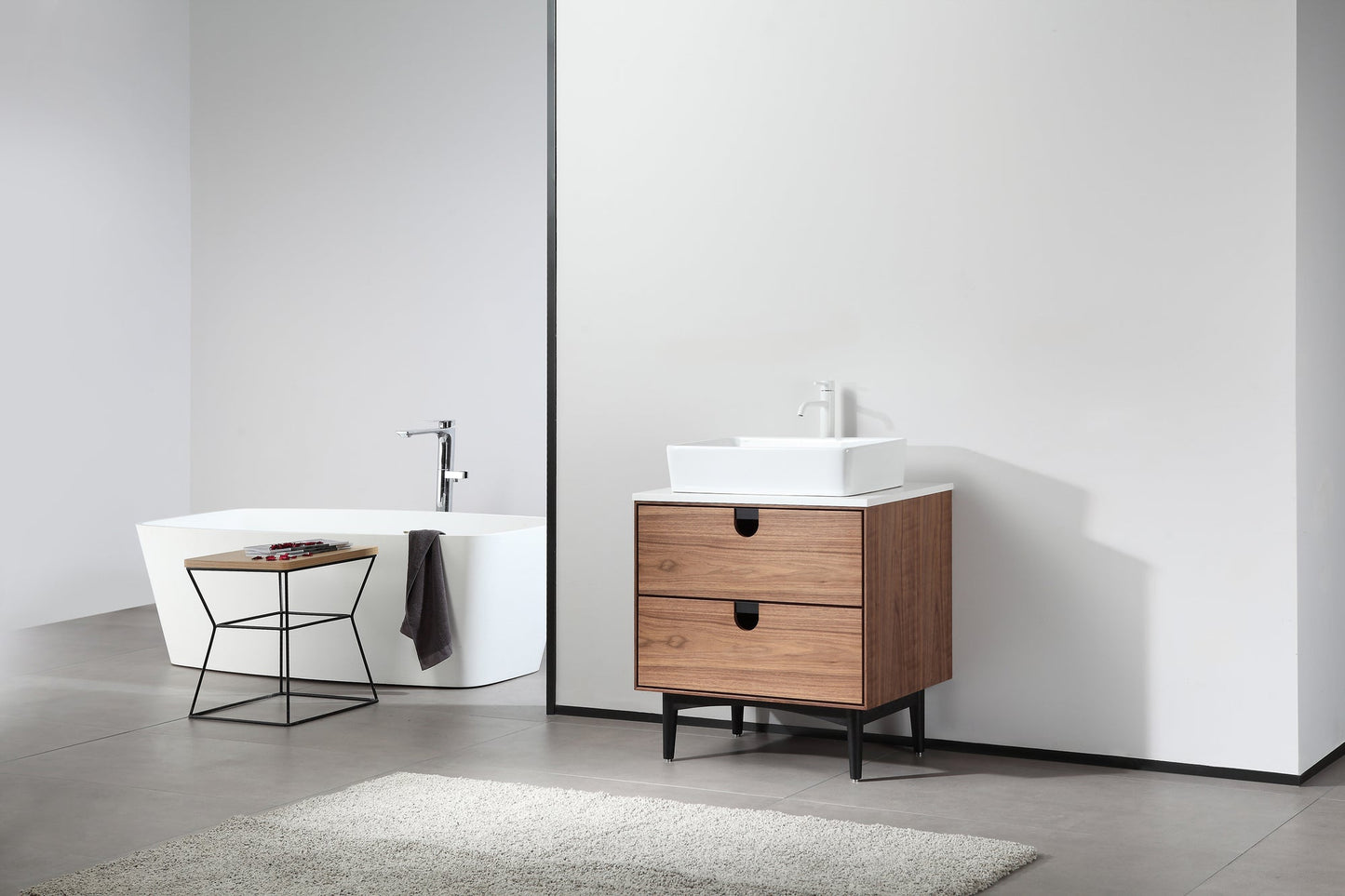 PORTREE 30” WALNUT MID-CENTURY FREESTANDING BATHROOM VANITY