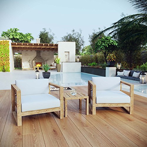 Modway Upland Teak Wood Outdoor Patio 3-Piece Sectional Sofa Set with Cushions in Natural White