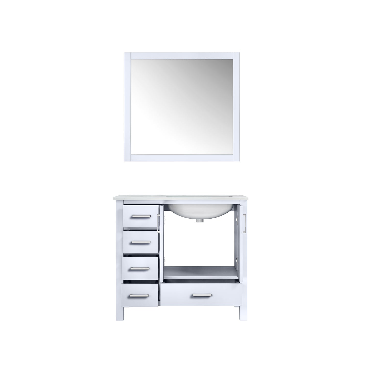 Jacques 36" White Single Vanity, White Carrara Marble Top, White Square Sink and 34" Mirror - Right Version