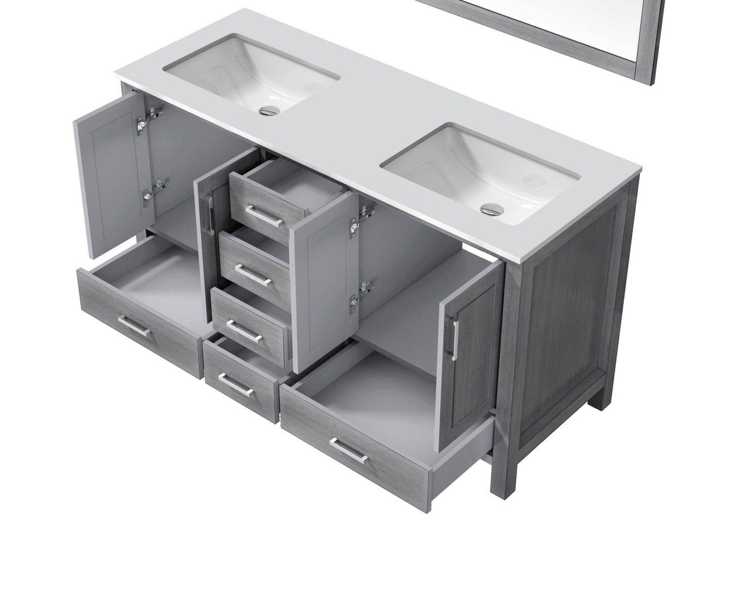 Jacques 60" Distressed Grey Double Vanity, White Quartz Top, White Square Sinks and no Mirror