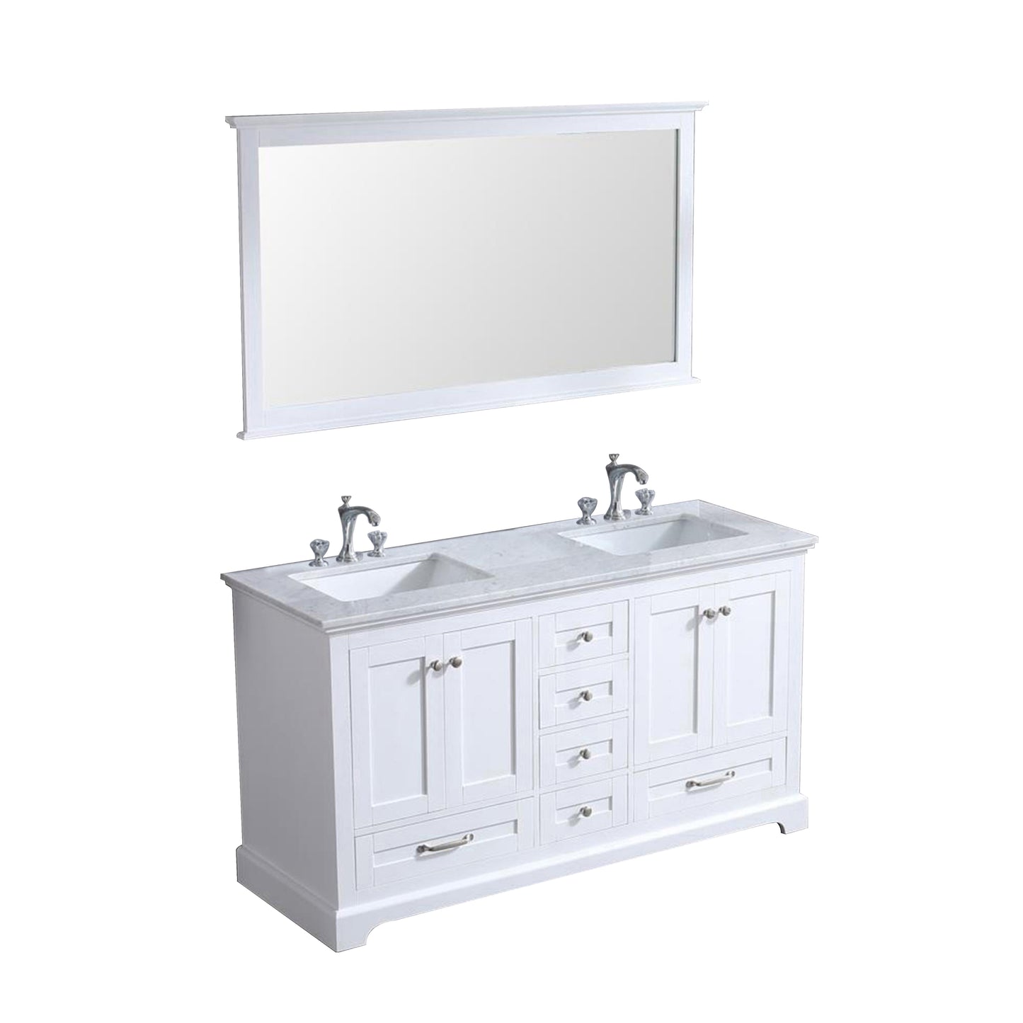 Dukes 60" White Double Vanity, White Carrara Marble Top, White Square Sinks and 58" Mirror w/ Faucets