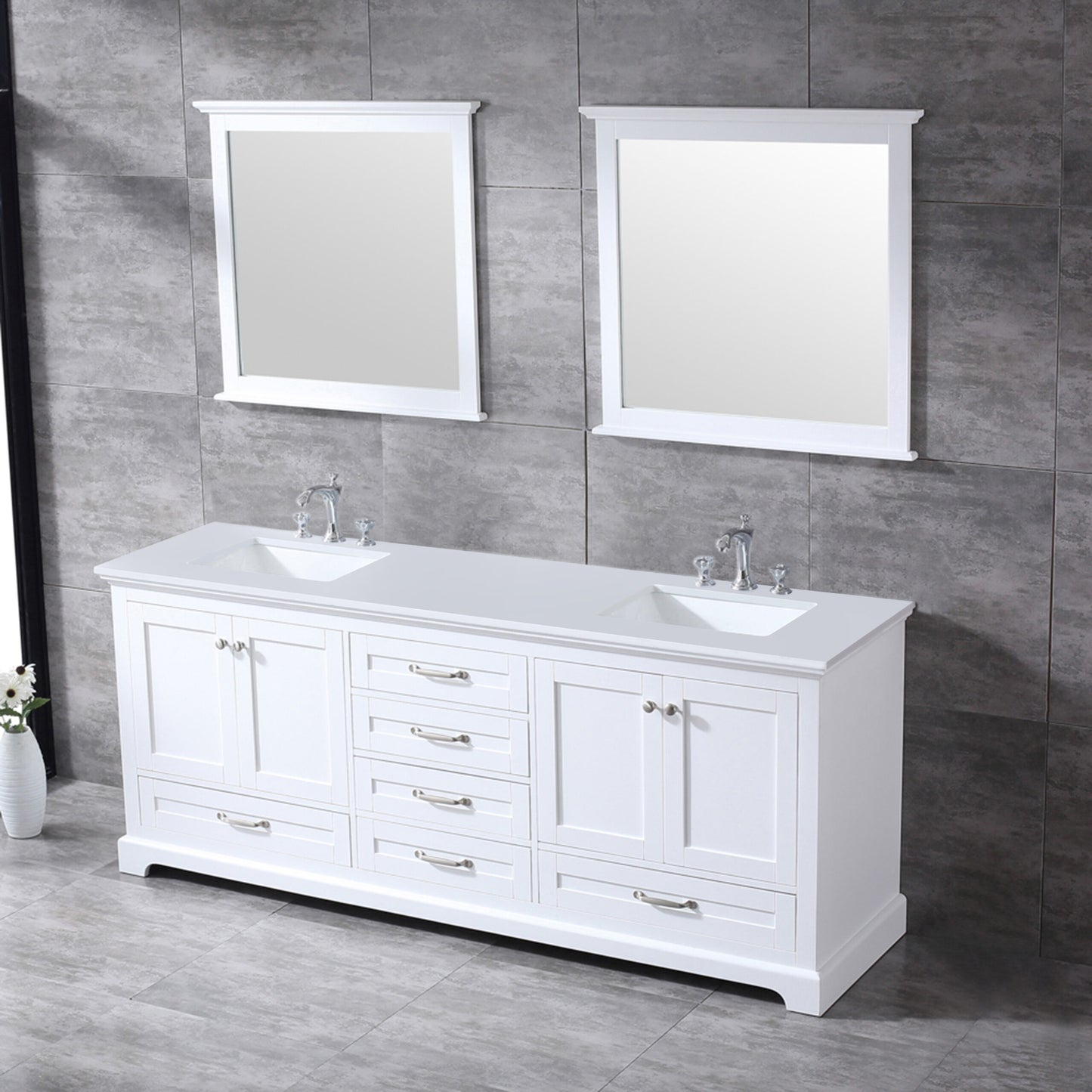 Dukes 80" White Double Vanity, White Quartz Top, White Square Sinks and 30" Mirrors