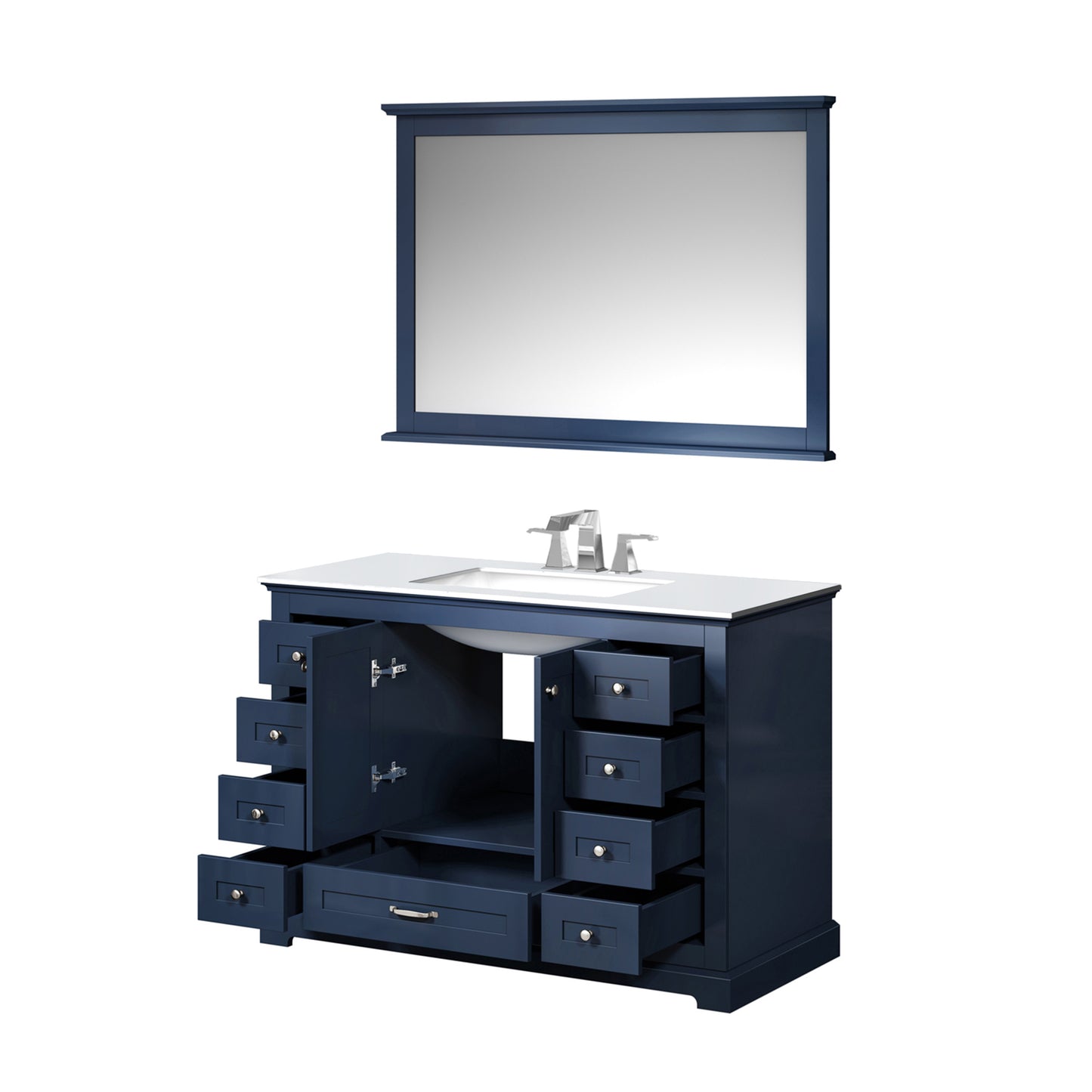 Dukes 48" Navy Blue Single Vanity, White Quartz Top, White Square Sink and 46" Mirror