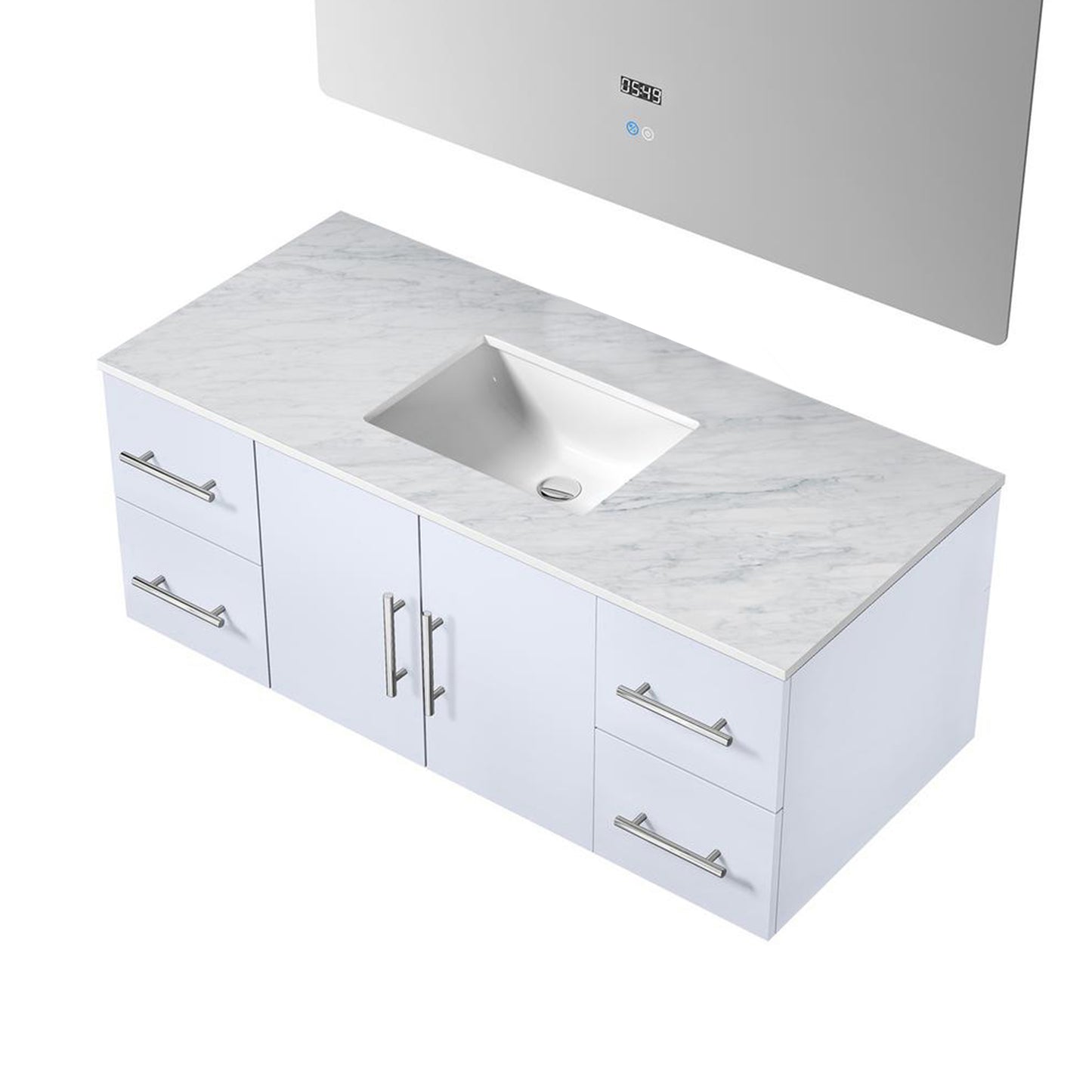 Geneva 48" Glossy White Single Vanity, White Carrara Marble Top, White Square Sink and 48" LED Mirror