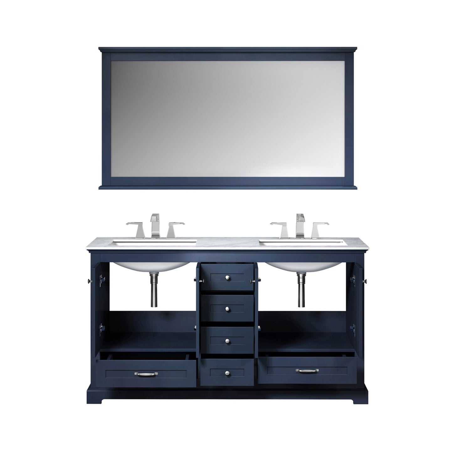 Dukes 60" Navy Blue Double Vanity, White Carrara Marble Top, White Square Sinks and 58" Mirror w/ Faucets