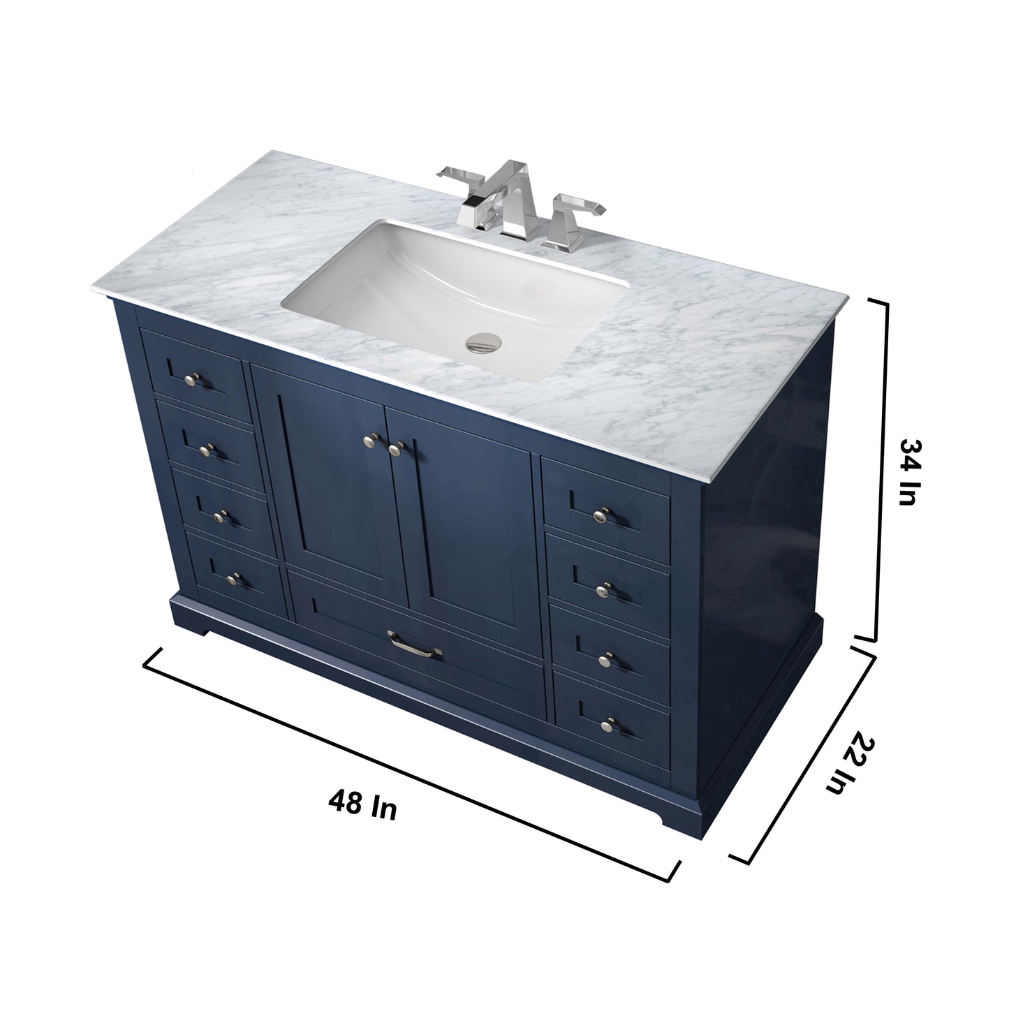 Dukes 48" Navy Blue Single Vanity, White Carrara Marble Top, White Square Sink and 46" Mirror w/ Faucet