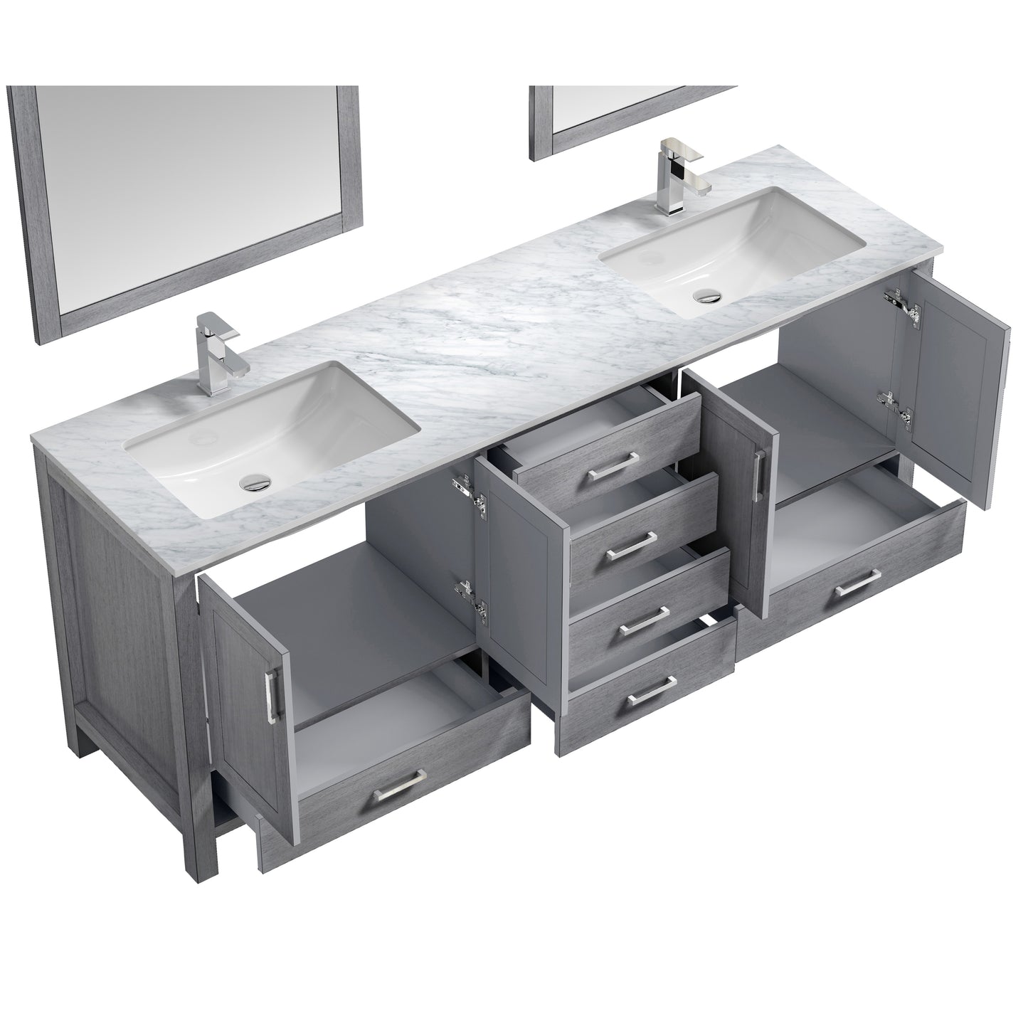 Jacques 80" Distressed Grey Double Vanity, White Carrara Marble Top, White Square Sinks and 30" Mirrors w/ Faucets