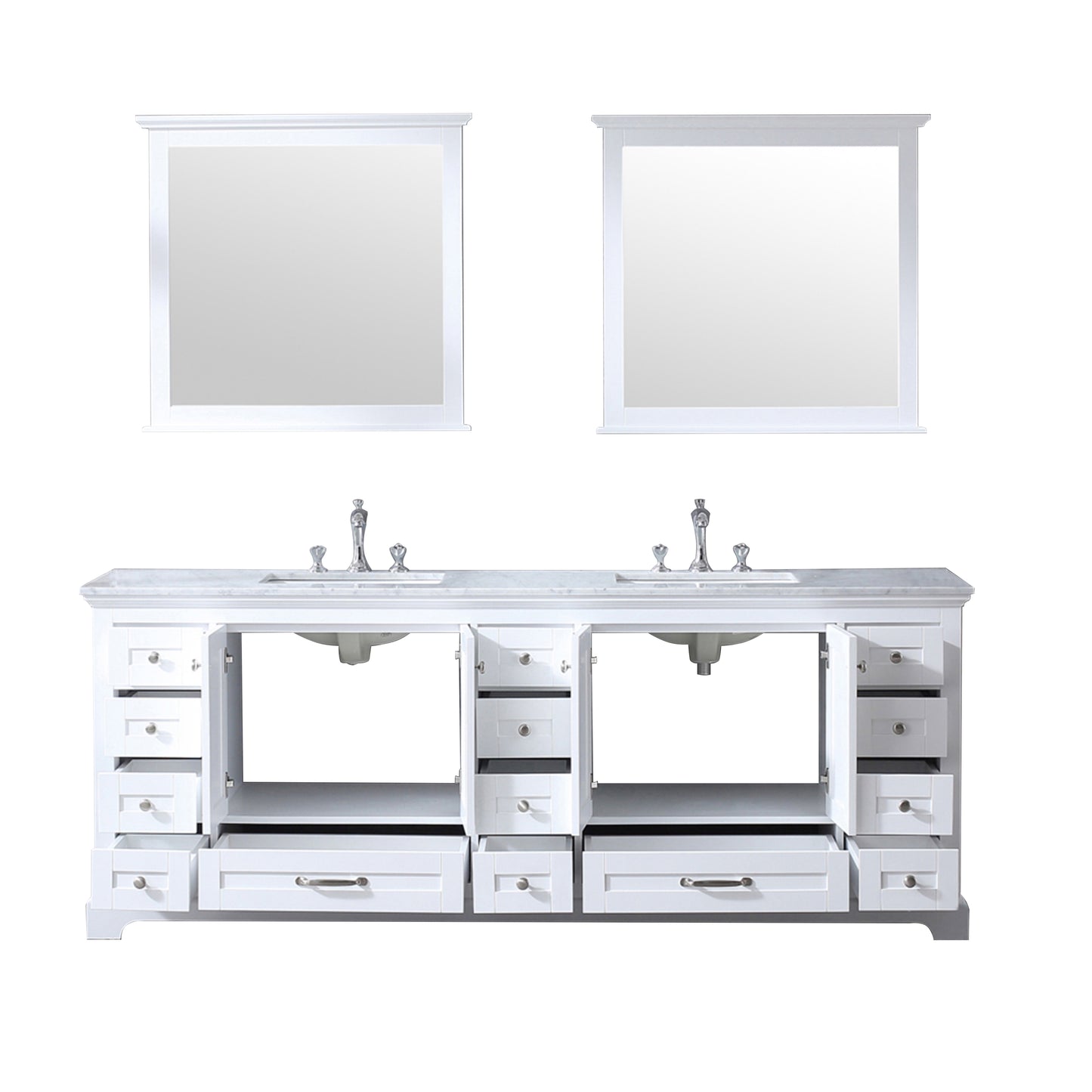 Dukes 84" White Double Vanity, White Carrara Marble Top, White Square Sinks and 34" Mirrors w/ Faucets