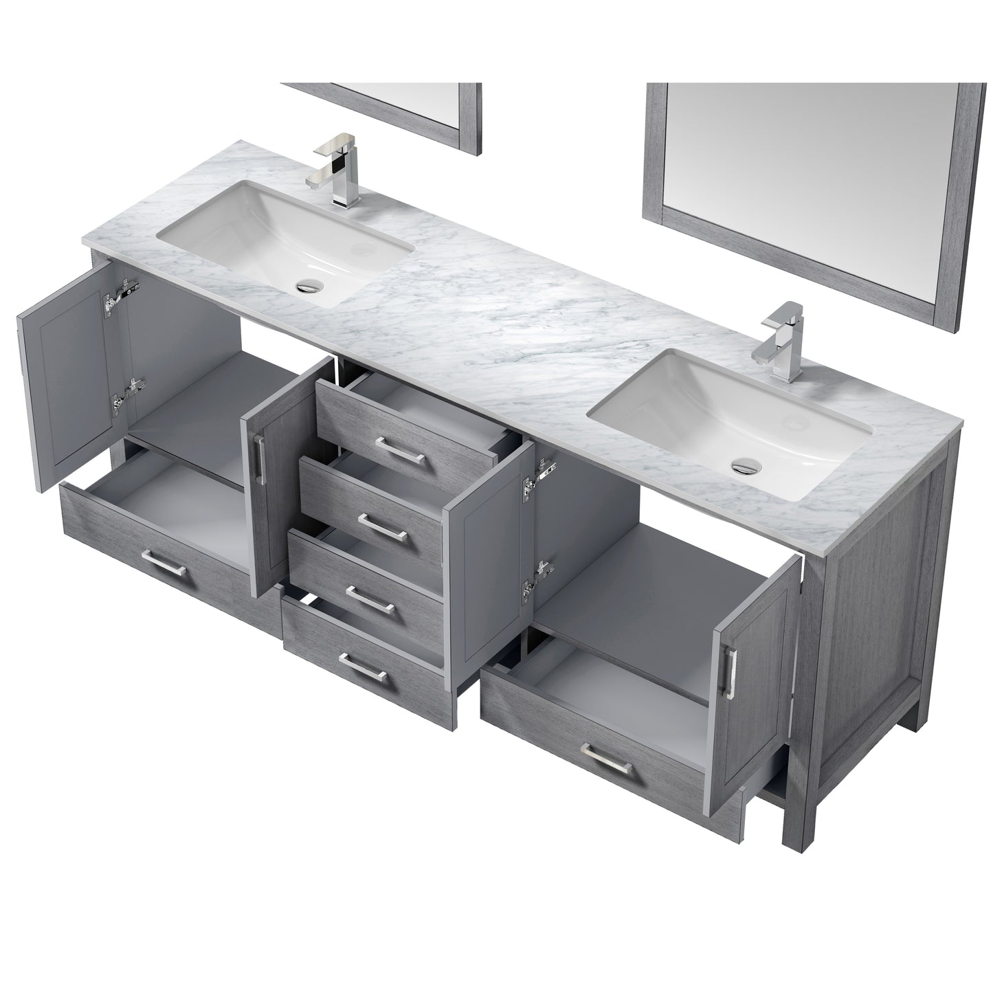 Jacques 80" Distressed Grey Double Vanity, White Carrara Marble Top, White Square Sinks and 30" Mirrors w/ Faucets