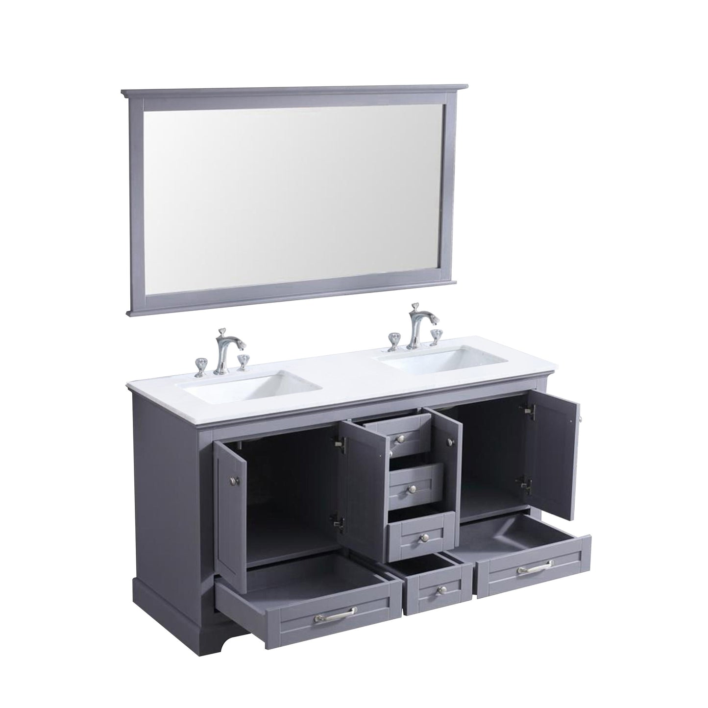 Dukes 60" Dark Grey Double Vanity, White Quartz Top, White Square Sinks and 58" Mirror