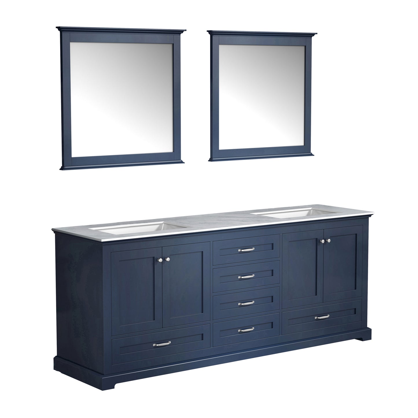 Dukes 80" Navy Blue Double Vanity, White Carrara Marble Top, White Square Sinks and 30" Mirrors