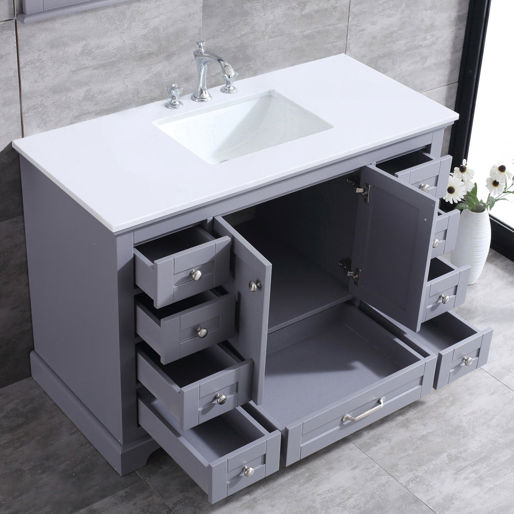 Dukes 48" Dark Grey Single Vanity, White Quartz Top, White Square Sink and 46" Mirror