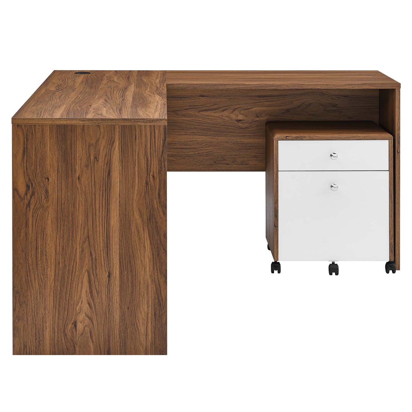 Modway Transmit Mid-Century Modern Office Desk and File Cabinet in Walnut White