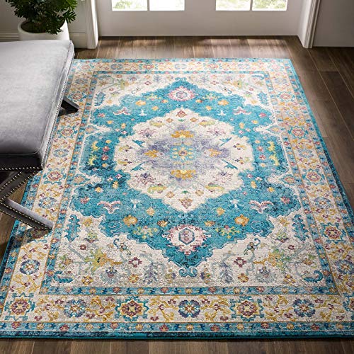 Modway Success Anisah Distressed Vintage Floral Persian Medallion 5x8 Area Rug, Blue, Ivory, Yellow, Orange