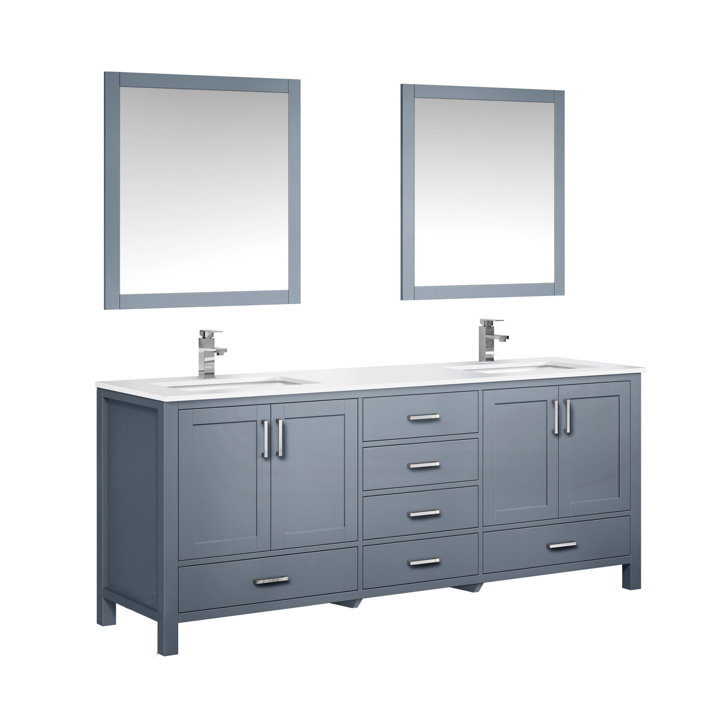 Jacques 80" Dark Grey Double Vanity, White Quartz Top, White Square Sinks and 30" Mirrors w/ Faucets