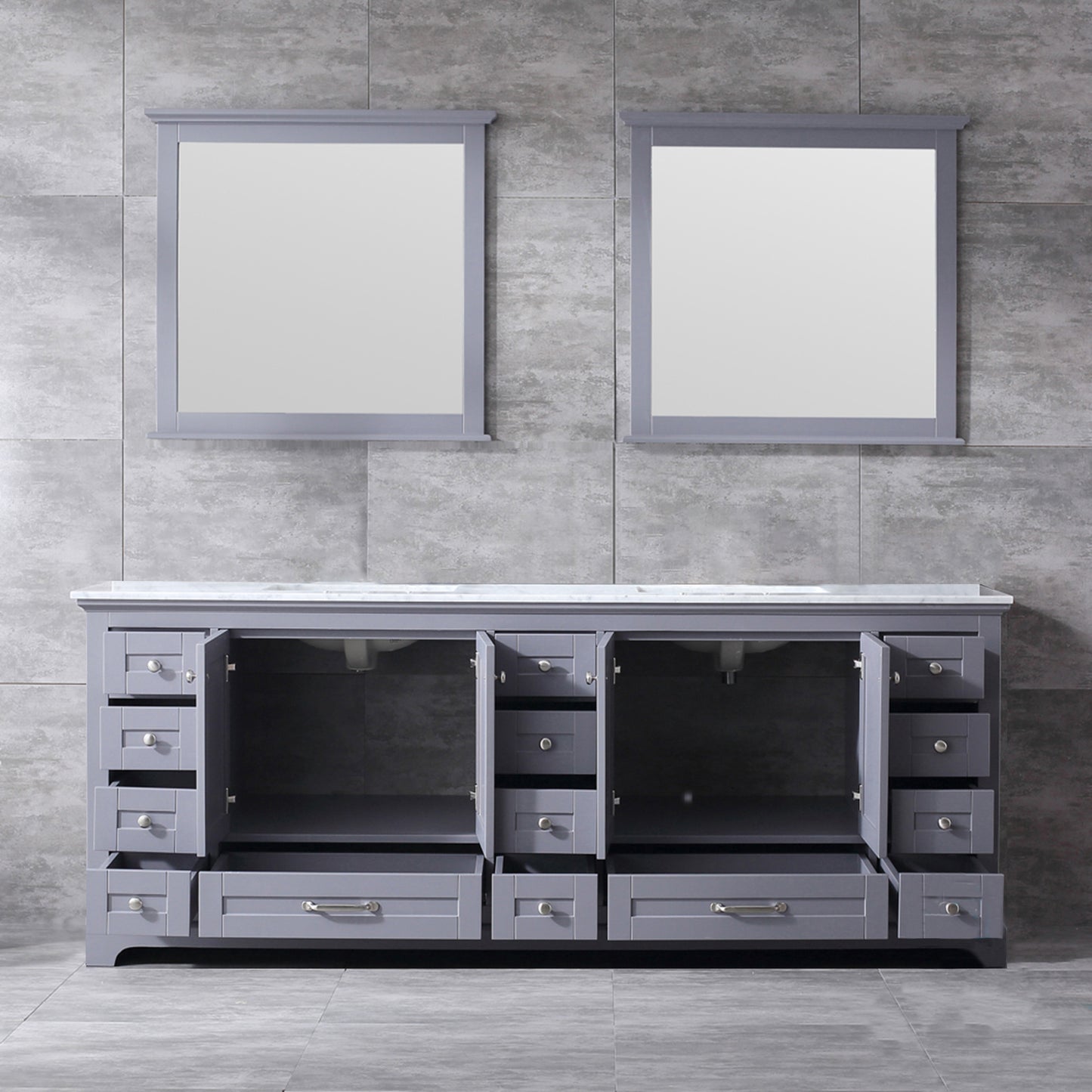 Dukes 84" Dark Grey Double Vanity, White Carrara Marble Top, White Square Sinks and 34" Mirrors