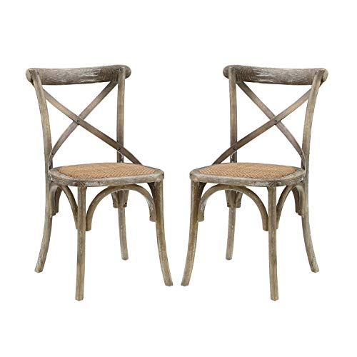 Modern Farmhouse Cross Back Solid Elm Wood Dining Side Chair with Rattan Seat