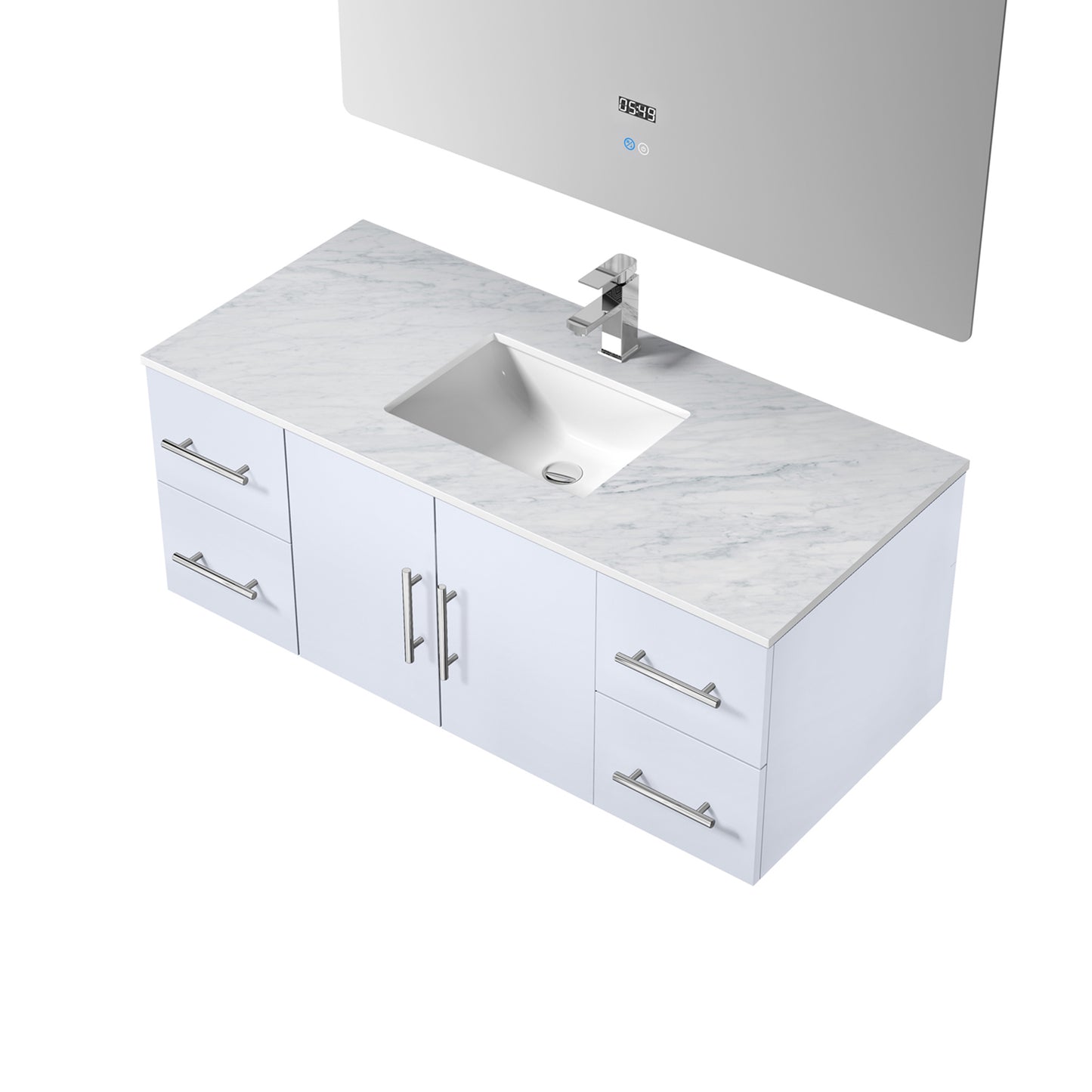 Geneva 48" Glossy White Single Vanity, White Carrara Marble Top, White Square Sink and 48" LED Mirror w/ Faucet