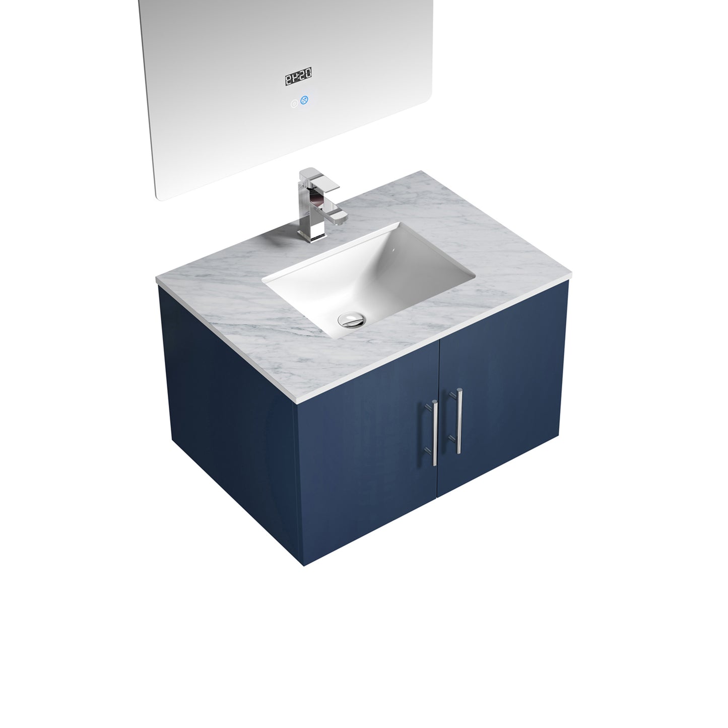 Geneva 30" Navy Blue Single Vanity, White Carrara Marble Top, White Square Sink and 30" LED Mirror w/ Faucet