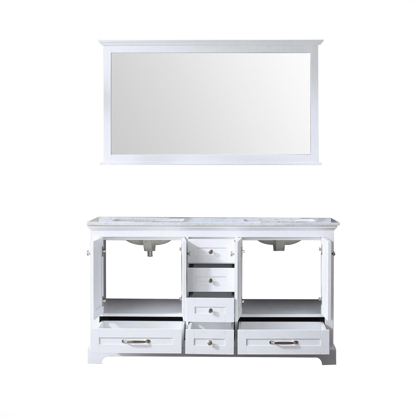 Dukes 60" White Double Vanity, White Carrara Marble Top, White Square Sinks and 58" Mirror