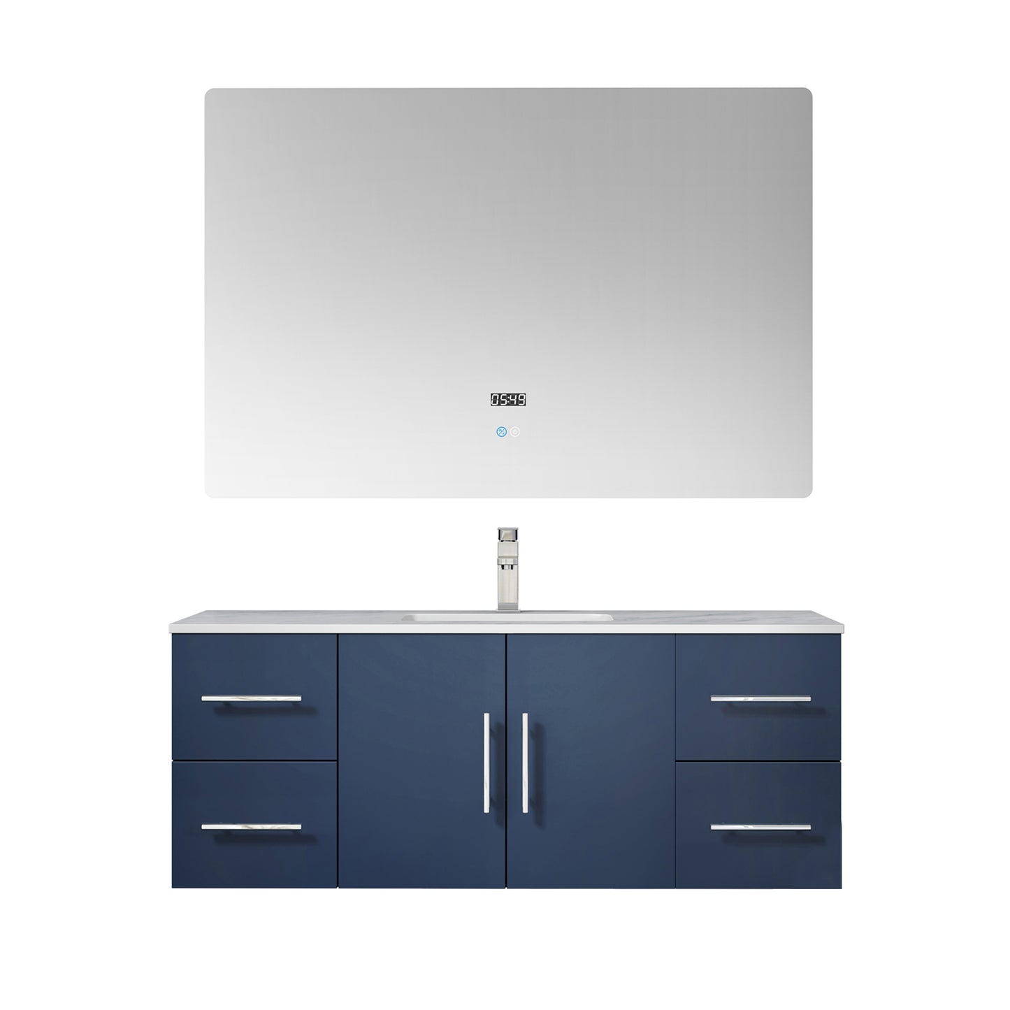 Geneva 48" Navy Blue Single Vanity, White Carrara Marble Top, White Square Sink and 48" LED Mirror w/ Faucet