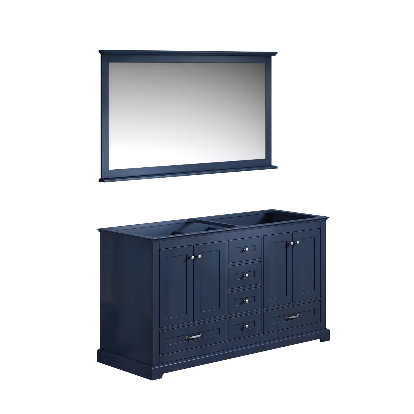 Dukes 60" Navy Blue Double Vanity, no Top and 58" Mirror