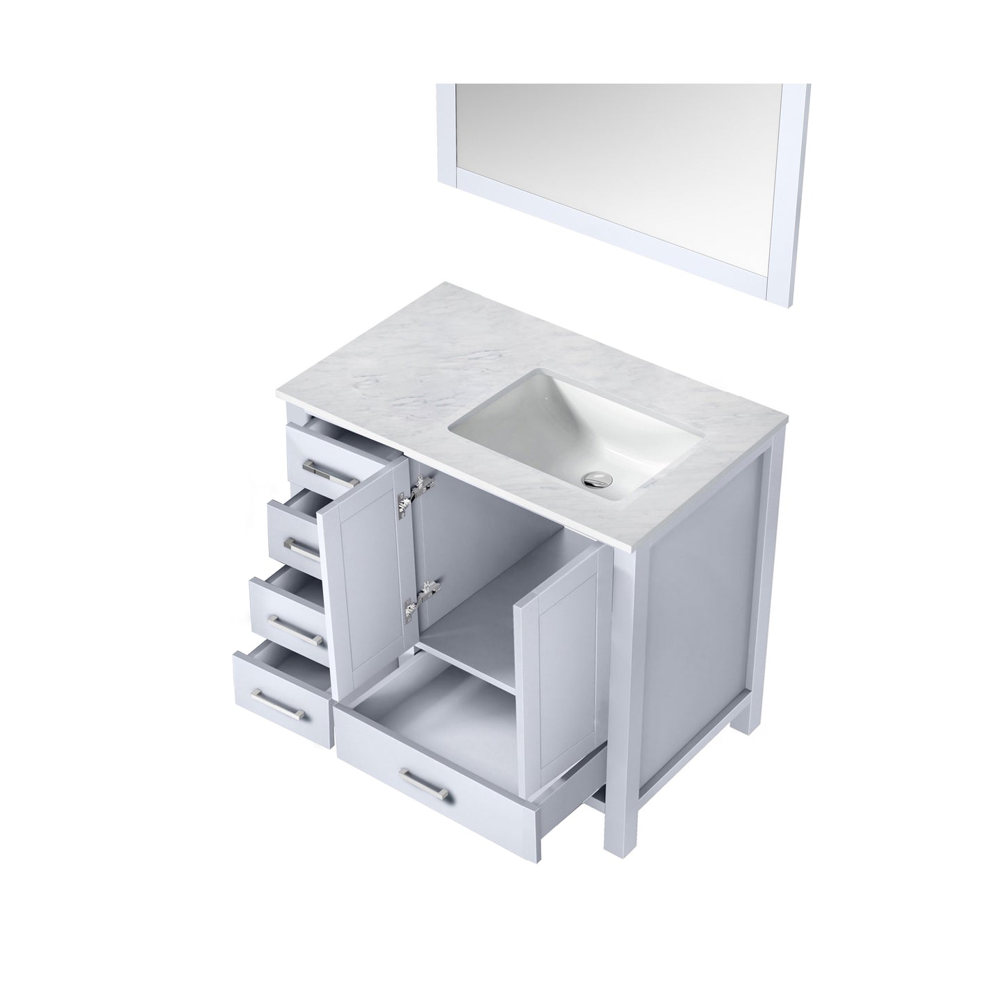 Jacques 36" White Single Vanity, White Carrara Marble Top, White Square Sink and 34" Mirror - Right Version