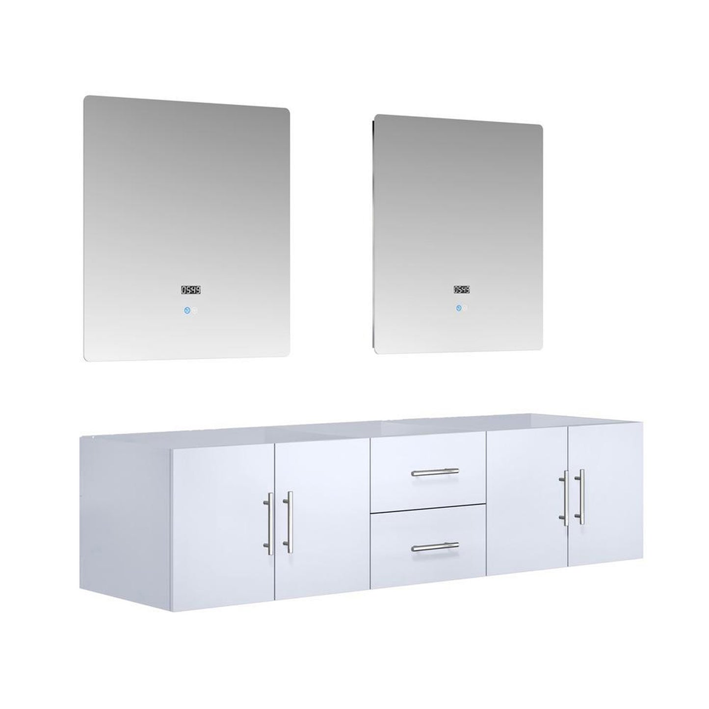 Geneva 72" Glossy White Double Vanity, no Top and 30" LED Mirrors