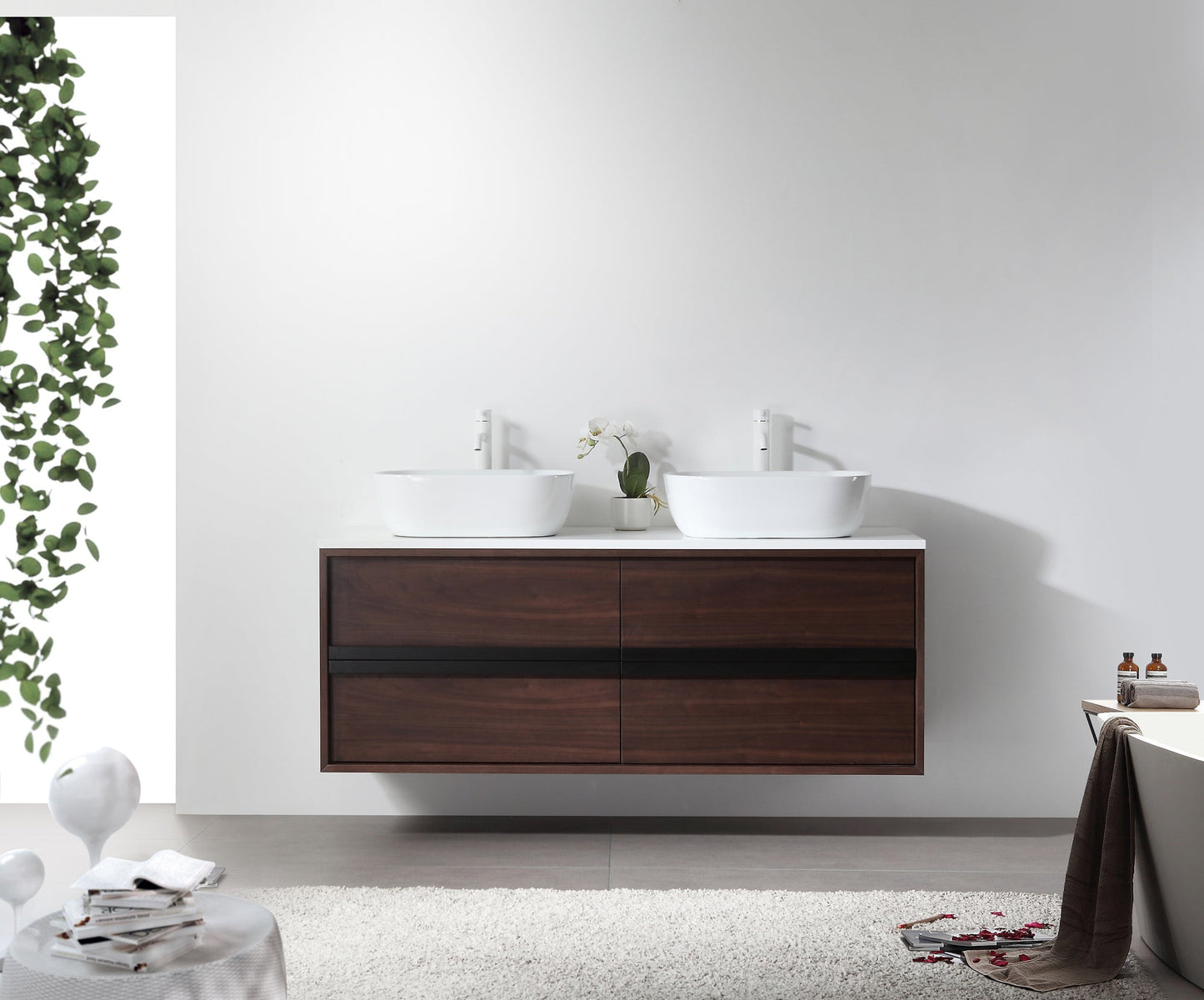 SINTRA 55” DARK WALNUT OAK WALL MOUNTED MODERN BATHROOM VANITY