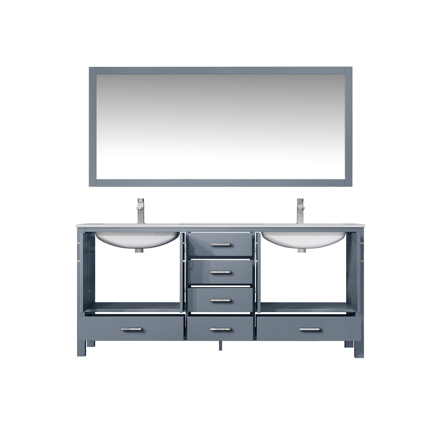 Jacques 72" Dark Grey Double Vanity, White Carrara Marble Top, White Square Sinks and 70" Mirror w/ Faucets